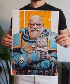 Blue Space Marine Guarding Cat Poster – Warhammer Illustration Wall Art Poster - Image 3